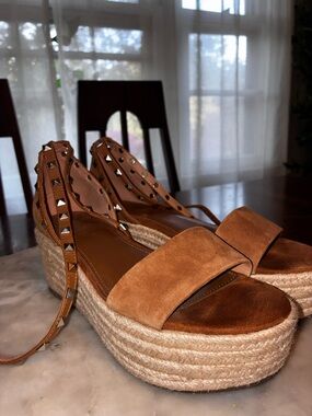 Marc Fisher Tan Suede Platform Espadrille Sandals with Studded Ankle Straps, 7